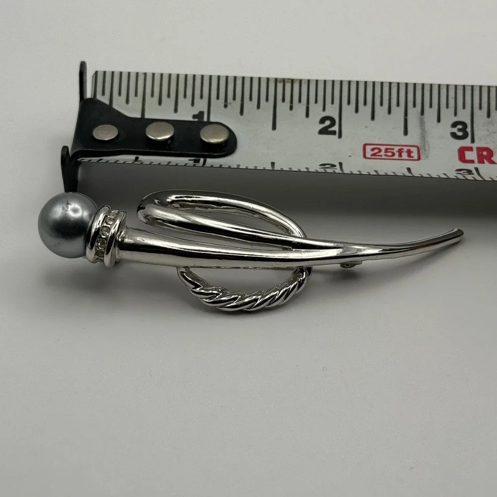 Vintage Silver Tone Abstract Brooch Grey Faux Pearl Crystal Accent Pin 3 Inch